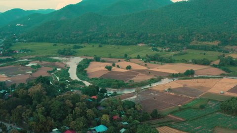 Aerial view of Pai rice terraces, river and mountain in Mae Hong Son, Chiang Mai, thailand