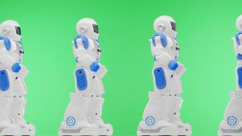 White toy robots walks on green background. Geen screen. Seamless looping.