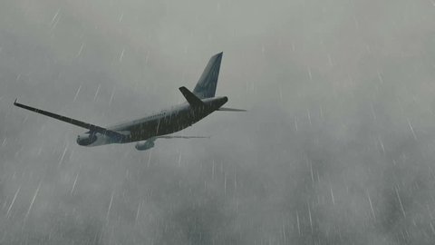 Passenger plane flying through a dramatic stormy sky with lightnings. Realistic three dimensional animation.
