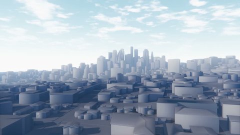 Flight through abstract white 3D scale model of modern city, from the suburbs to the top of skyscrapers. Decorative 3D animation.