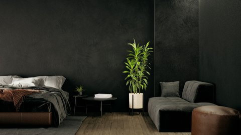 Modern bedroom interior in 4k. 3d rendering luxury, dark and elegance apartment bedroom interior design and decoration.