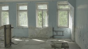 Slow pan around derelict room at the Duga-1 radar in Chernobyl, Ukraine. Ungraded Log Footage