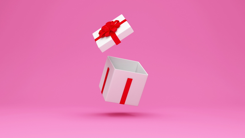 4K Animation of Opened Empty Gift Box on pink studio background