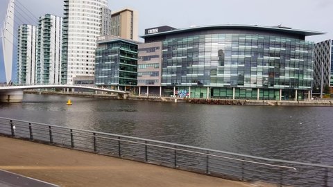 MANCHESTER, UK - 2020: BBC Studios in Media City UK in Manchester's Salford Quays