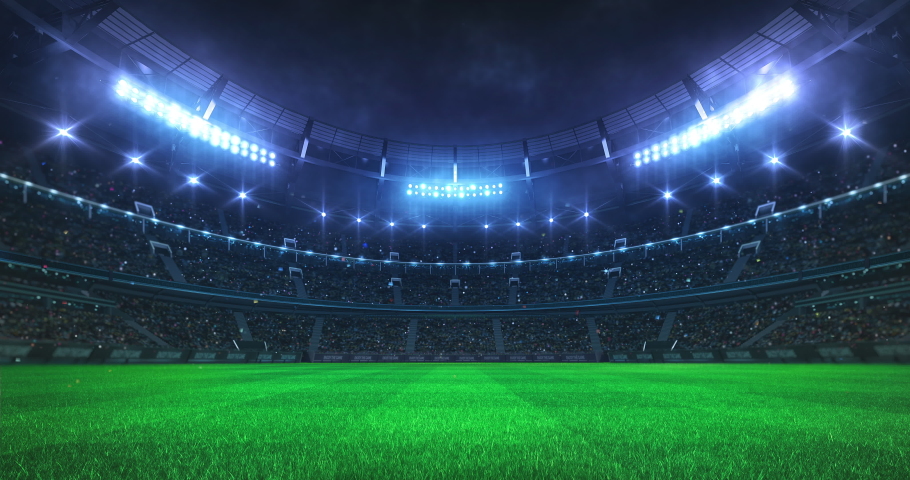 Green grass playground and stadium full of spectators and shining spotlights. Sport event as looped 4k video background. | Shutterstock HD Video #1062919048