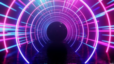 Abstract neon background with defocus at the edges. Neon circles and lines move in space. Reflection. Futuristic background. Neon traffic. 4K 3D loop animation