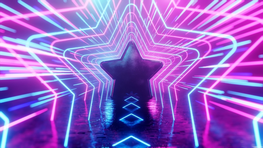 Abstract neon background with defocus at the edges. Neon stars and lines move in space. Reflection. Futuristic background. Neon traffic. 3D 4K loop animation Royalty-Free Stock Footage #1062930118
