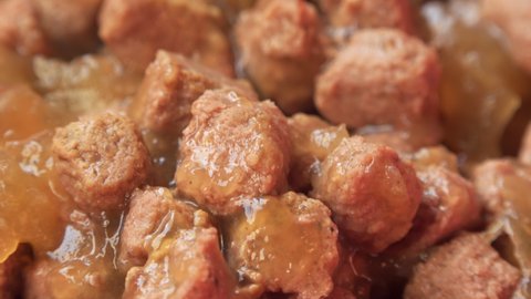 Wet dog meat chunks extreme close up stock footage 