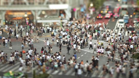 The famous Shibuya Crossing in Tokyo Japan with it's crowds of people, shot with a tilt-shift lens