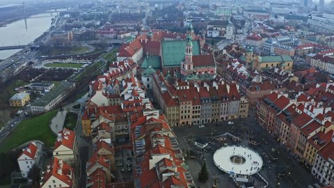 panorama aerial 4k Drone flight over the Warsaw old town with a top view, Poland