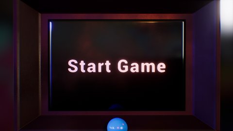 Start Game text letters on 90s arcade machine screen. Camera extreme zoom. 3D Animation render. Isolated closeup.