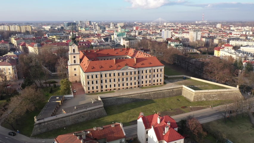 Aerial view on the medieval castle Rzeszow. Rzeszow City. Poland. High quality 4k footage