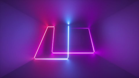 3d abstract ultraviolet background with dynamic glowing neon line moving inside long dark tunnel. Pink blue violet light illumination. Laser ray path, chaotic tangled labyrinth track, lighting beam