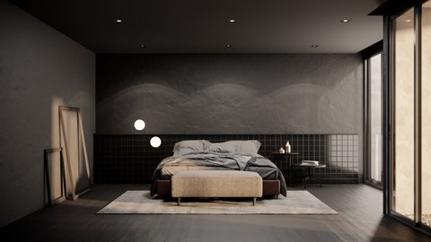 3d rendering 4k modern loft apartment bedroom interior decorated with empty photo frame, classic black wall panel, sunrise from the window for interior scene.