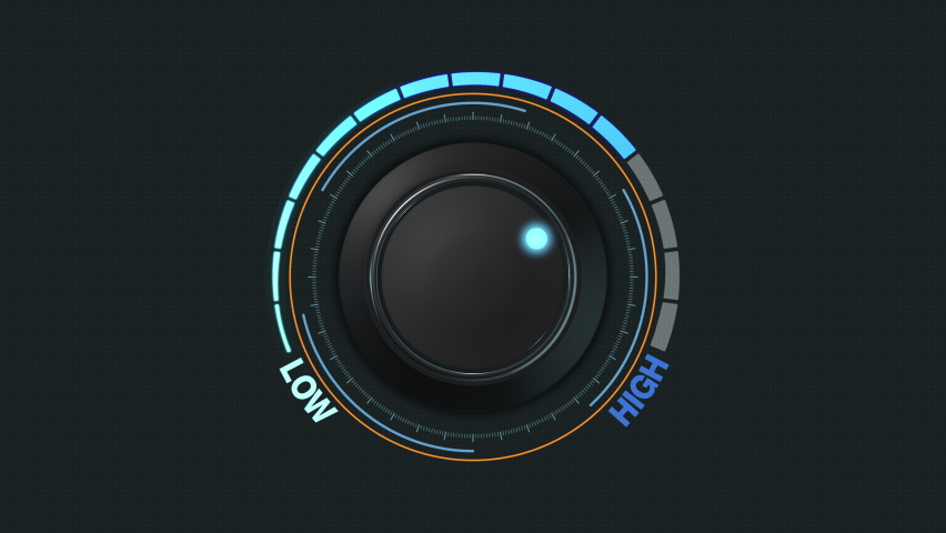 front view of a knob rotating from low to high, concept of high performance (3d render)
