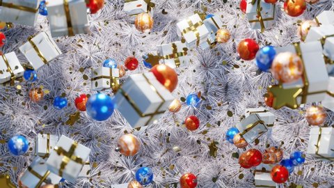 Christmas background. New year 2021, 2022. Holiday background. Colorful Christmas balls, gifts and Golden stars move in space on the snowy white branches of the Christmas tree. Looped animation in 4K.