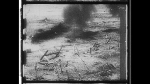 1917 Laffaux, France. Soldiers battle at the Hindenburg Line during World War I. 4K Overscan of Archival 16mm Film Print. 