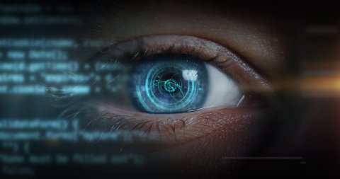 Cinematic macro of young male blu eye with latest innovative futuristic sophisticated high technology display application with augmented reality holograms for personal safety scanning.
