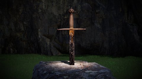 A close-up view of the sword in the stone as viewed under a spotlight at night.