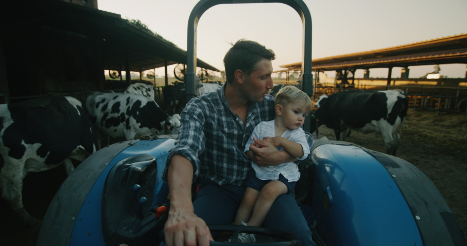 Authentic shot of happy farmer father is driving a tractor with his little son and showing a family dairy farm with ecologically grown cows. Concept: agriculture, farming, family, parenting, childhood Royalty-Free Stock Footage #1062978949