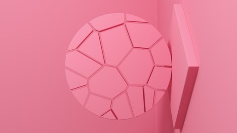 Abstract pink square podium with round cracked back composition zoom out animation. Clean 3D room for your text and products with light and shadow motion. Vertical Video 4k UHD