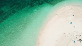 Aerial view of drone, Top view of Beautiful Turquoise Sea and White beach sand copy space , Seawater clear and blue green. Nature in Khai Island. At Khai island, Phuket, Thailand. Travel concept.