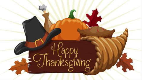 Thanksgiving design with wooden sign, cornucopia, pilgrim hat and delicious turkey leg, pie and pumpkin for dinner. Video animated 4K
