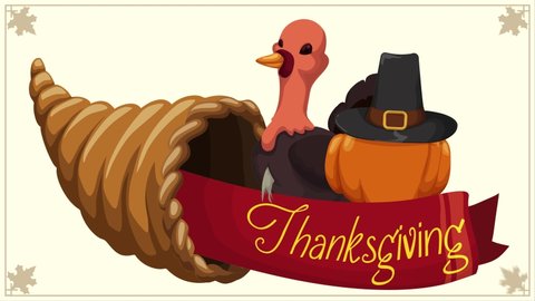 Cornucopia with greeting ribbon, cute turkey, pumpkin and pilgrim hat for Thanksgiving day. Video animated 4K