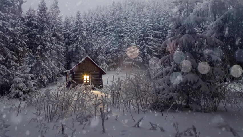 Winter setting log cabin in Christmas snow . High quality 4k footage