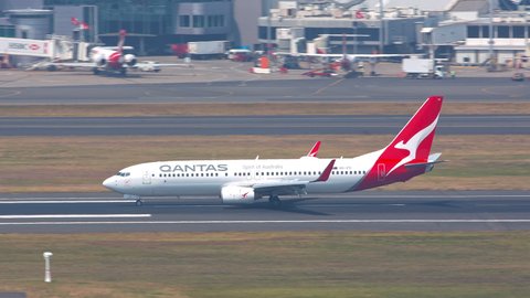 SYDNEY, AUSTRALIA - 2020: Qantas Boeing 737-800 Jet Airliner Arriving on Runway at Sydney SYD Kingsford Smith International Airport on a Sunny Day in New South Wales Australia