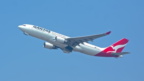 SYDNEY, AUSTRALIA - 2020: Qantas Airbus A330-200 Jet Airliner Taking Off from Sydney SYD Kingsford Smith International Airport on a Sunny Day in New South Wales Australia