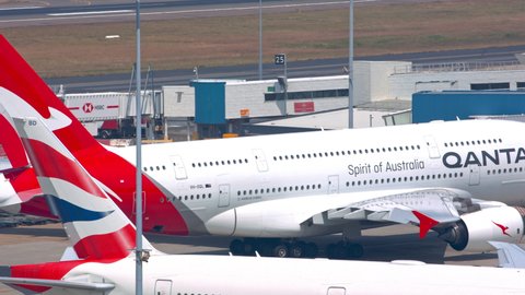 SYDNEY, AUSTRALIA - 2020: Qantas A380 Super Jumbo Jet Airliner Arriving to Terminal Exterior Gate at Sydney SYD Kingsford Smith International Airport on a Sunny Day in New South Wales Australia