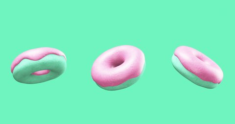 Minimal motion design. 3d vanilla donuts on blue abstract background. Fast food concept art. 4k video