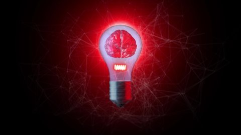 Glowing human brain inside a light bulb. Idea or insight related conceptual 3D animation