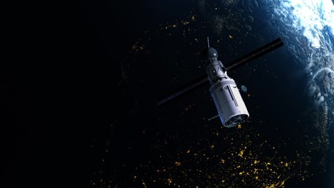artificial satellite of the earth. satellite flying in space over the globe with a view of night cities