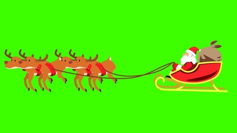 Animated Santa character flying with gifts on the train. Display Green screen background