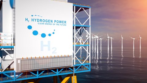 Hydrogen renewable offshore energy production - hydrogen gas for clean electricity solar and windturbine facility. 3d rendering.