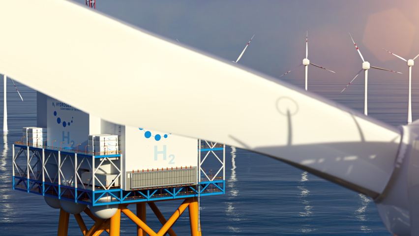 Hydrogen h2 renewable offshore energy production - hydrogen gas for clean electricity solar and windturbine facility. 3d rendering. Royalty-Free Stock Footage #1063003246