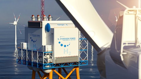 Hydrogen h2 renewable offshore energy production - hydrogen gas for clean electricity solar and windturbine facility. 3d rendering.