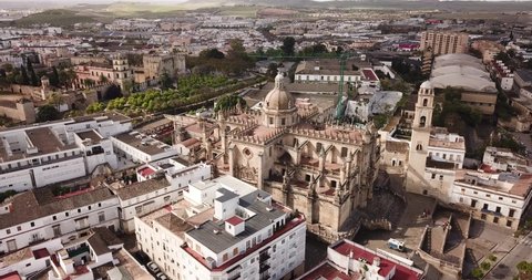 View from drone of residential areas of Spanish town of Jerez de la Frontera with Catholic Cathedral and former Moorish alcazar