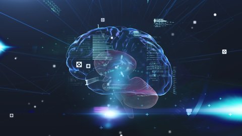 Animation of glowing human brain with digital interface data processing. global technology information connection networking concept digitally generated image.