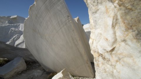 Industrial marble quarry site with huge marble blocks