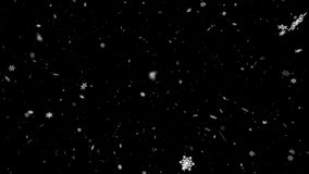 Snow falling winter season. Christmas snowflakes animation looping 4K video footage dark background