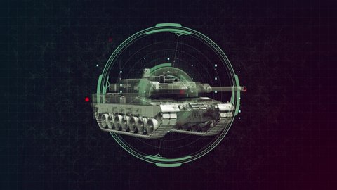 Military tank 3d wireframe with thin blue lines. Tank forces futuristic hologram on science background. Loop rotation animation