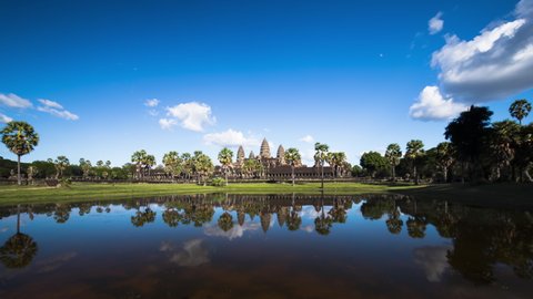 Angkor Wat with no people during covid-19 with a vivid polarised blue sky time lapse