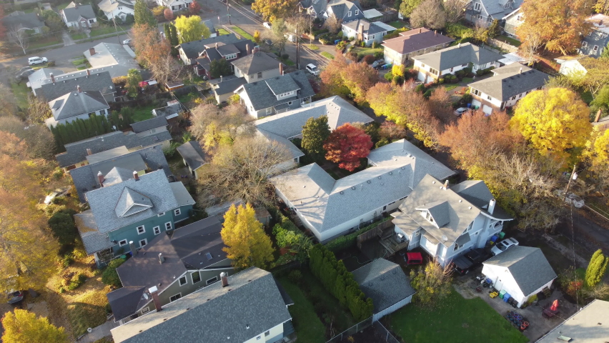 Drone shot over residential neighborhood in Portland in fall.