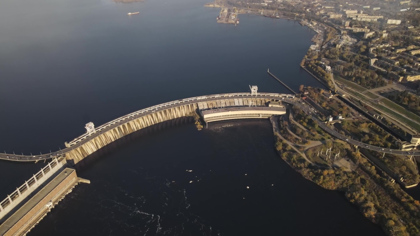 Zaporozhye, Ukraine, dam, Aerial View of Dnipro Hydroelectric Power Plant. View of the bridge from a great height.