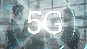 Animation of 5G digital interface with network of connections and icons over business people meeting and talking. Global connection network technology concept digitally generated image. - Powered by Shutterstock - Get 15% off with code: PIKWIZARD15