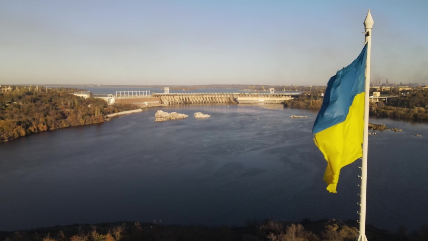 Zaporozhye, Ukraine, dam, Aerial View of Dnipro Hydroelectric Power Plant. View of the bridge from a great height.