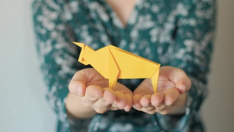 A young artistic woman holding a yellow Origami ox in her hands. The cow or bull was made by traditional paper folding to celebrate a happy Chinese new year of the ox zodiac, 2021. Slow-motion 4K.